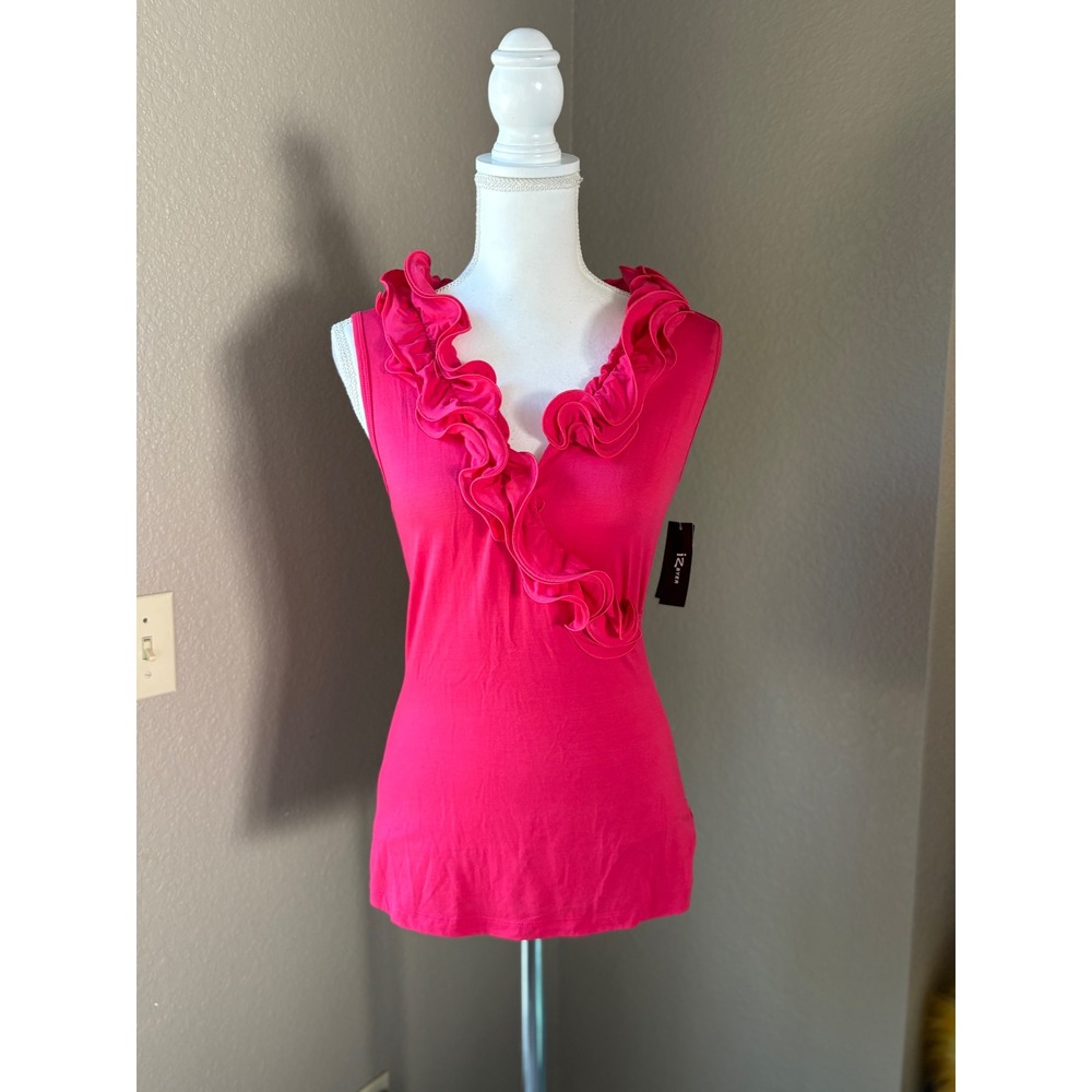 IZ Byer Womens Hot Pink Ruffle V-Neck Sleeveless Stretch Top Size Medium NWT